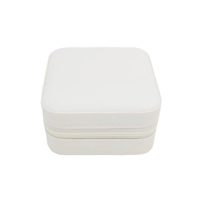 A white PU leather jewellery box with a squared shape and zipper closure. It features a subtle texture and a logo.