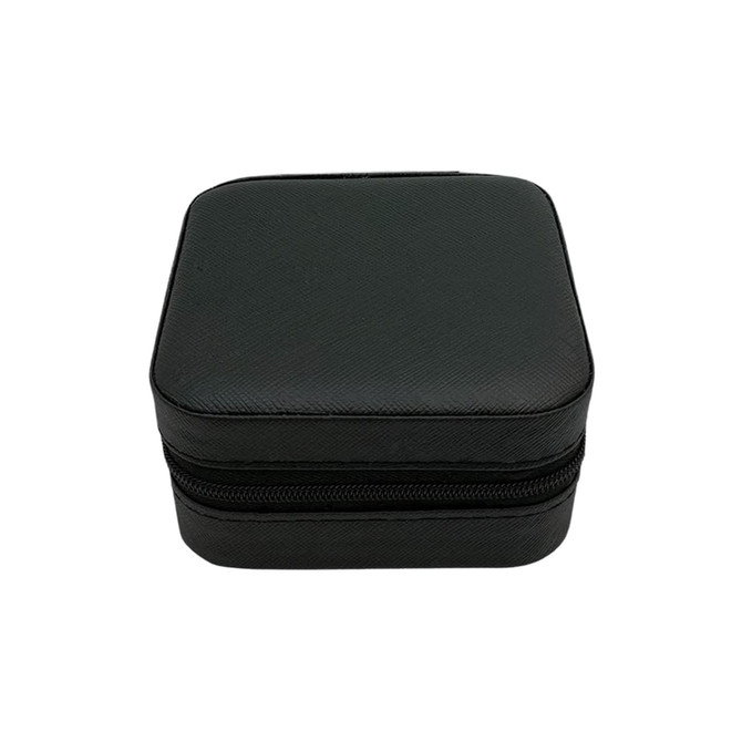 A square black PU leather jewellery box with a zipped closure. The surface features a textured pattern and a logo.