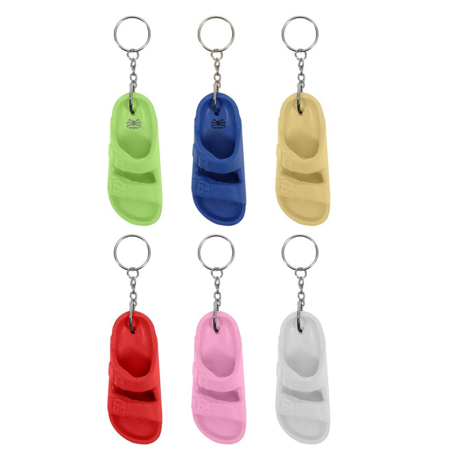 A collection of six Slides Shape Keyrings in red, blue, yellow, green, pink, and white, each attached to a metal chain.