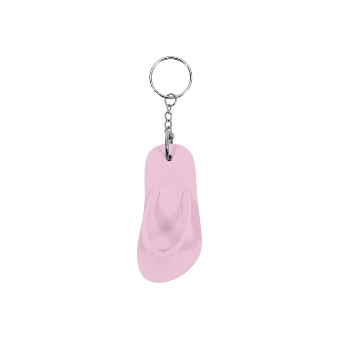A pink thongs-shaped keyring with a metal chain and keyring attached.