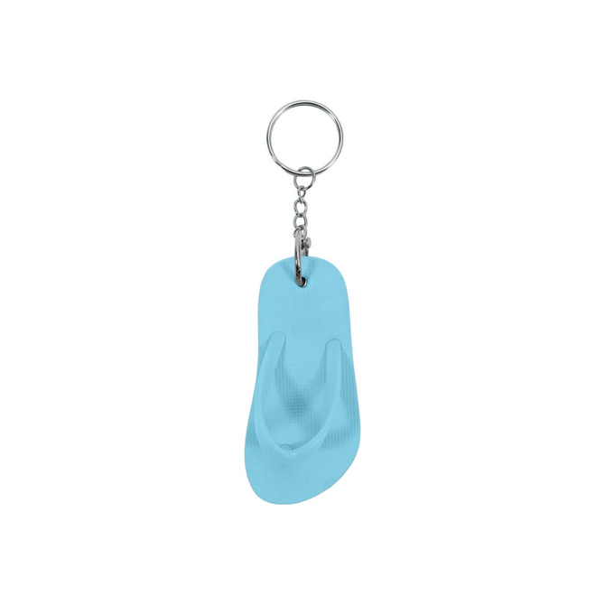 A blue thong-shaped keyring with a metal chain and circular keychain attachment.