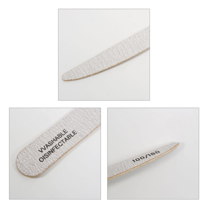 A pack of 50 wooden knife-shaped nail files in white, featuring a textured surface and measurement details.
