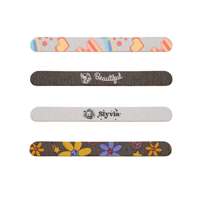 A pack of wooden straight nail files featuring colourful patterns and designs, including floral and abstract motifs.