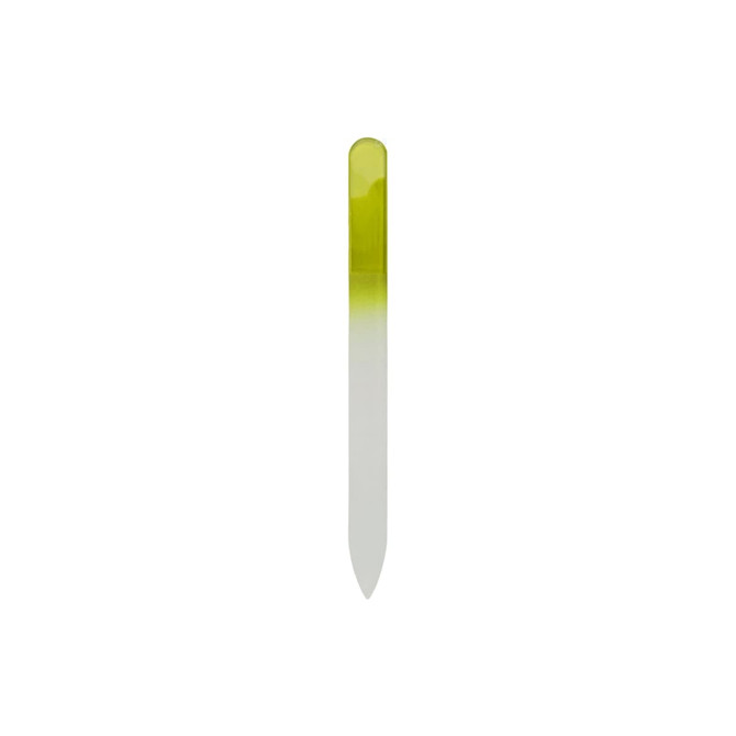 A green and clear crystal glass nail file with a smooth surface and pointed tip, featuring a branding logo.