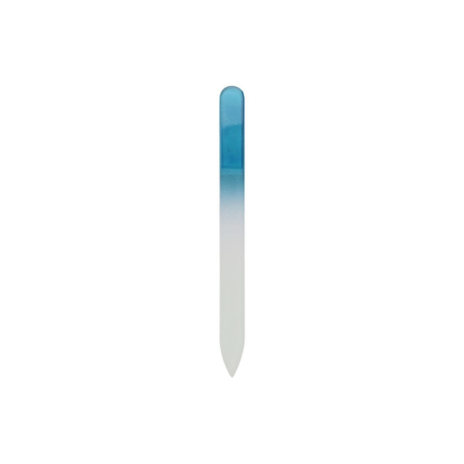 A crystal glass nail file with a blue gradient handle and a transparent filing surface.