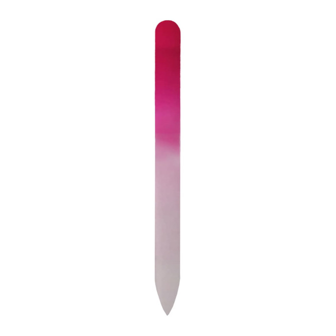 A gradient glass nail file in shades of pink and white, featuring a sleek, elongated design.