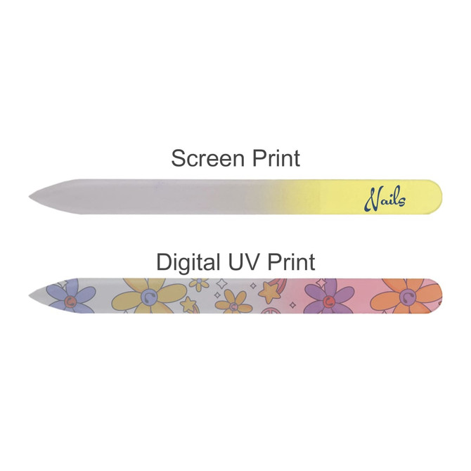 A gradient glass nail file featuring a yellow to pink gradient, adorned with a floral design on one side and a logo.