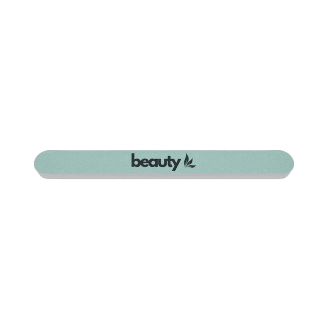 A double-sided polished nail file in a soft green and white colour, featuring a logo.