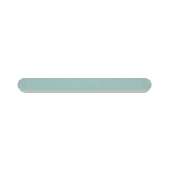 A double-sided polished nail file in light green with rounded edges. It has a simple design and features a logo.