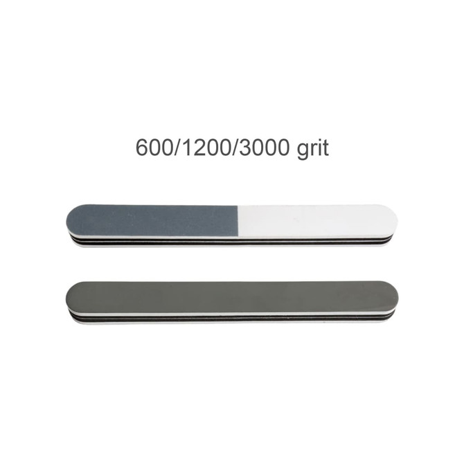 A pack of 10 triple-sided nail files in grey and white, featuring 600/1200/3000 grit options.