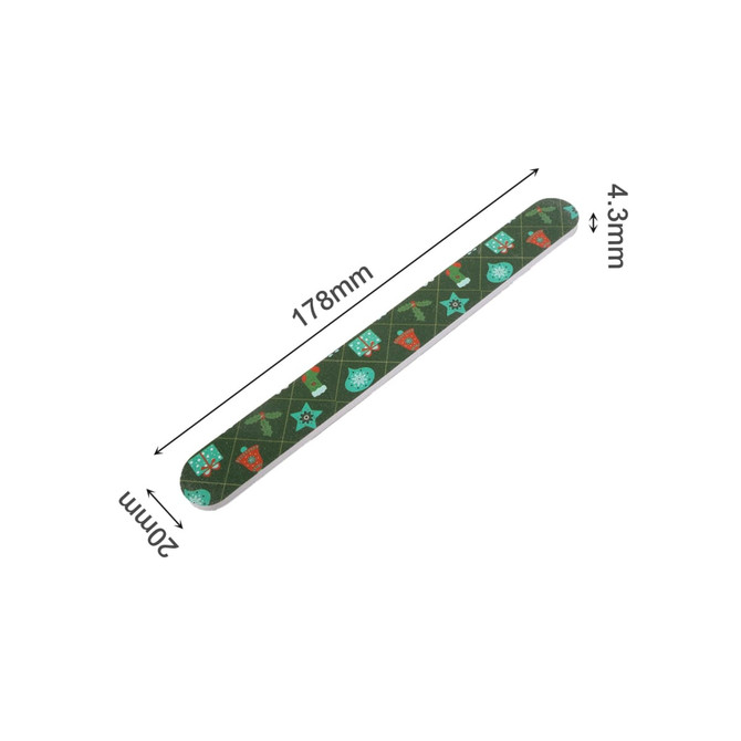 A sandpaper nail file in green with decorative patterns. It measures 178mm by 20mm. Includes branding.