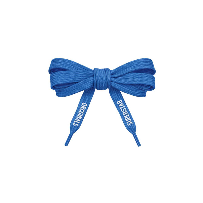 Blue custom shoe laces tied in a bow, featuring a logo and tags on the ends.
