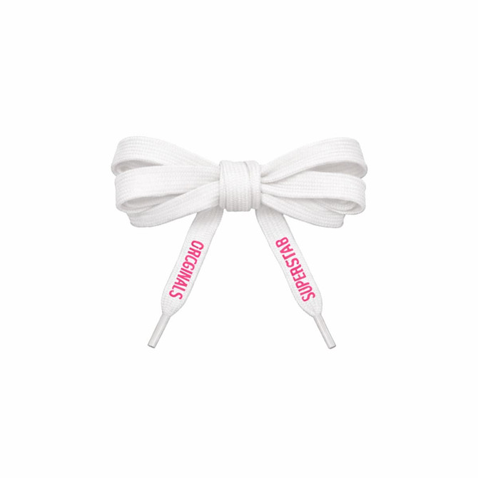 A pair of white shoelaces tied in a bow, featuring pink text on the ends and a logo.