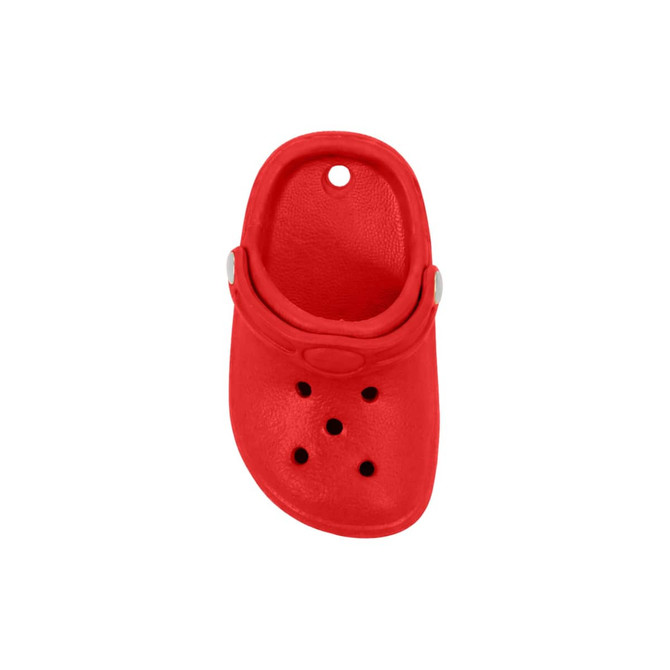 A red Clog Shoe fridge magnet with ventilation holes and a strap, featuring a logo.
