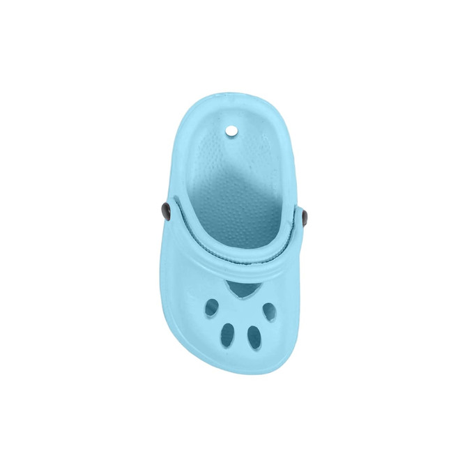 A blue clog shoe-shaped charm featuring ventilation holes and a smooth finish. The charm has a small attachment point.