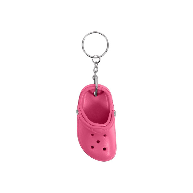 A pink clog shoe keyring with a silver keychain attachment. The keyring is made of soft plastic.