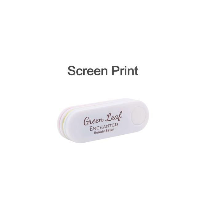 A foldable nail file block in white with pink, green, and yellow accents, featuring a logo.