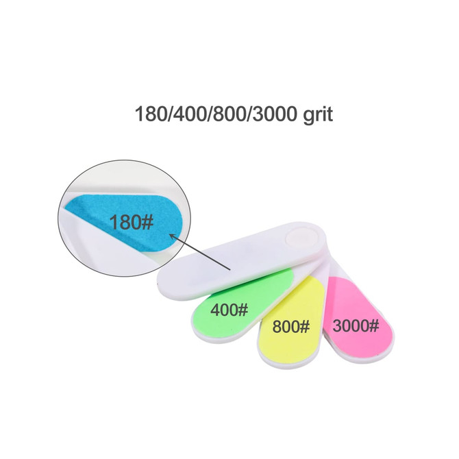 A foldable nail file block in white with vibrant pink, green, and blue filing surfaces, featuring various grit numbers.