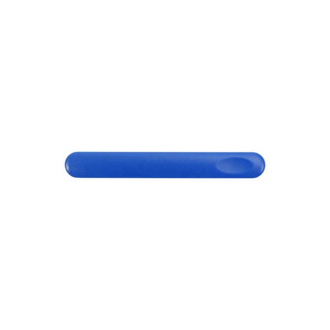 A blue nail file with a smooth surface and a rounded end, featuring a logo.
