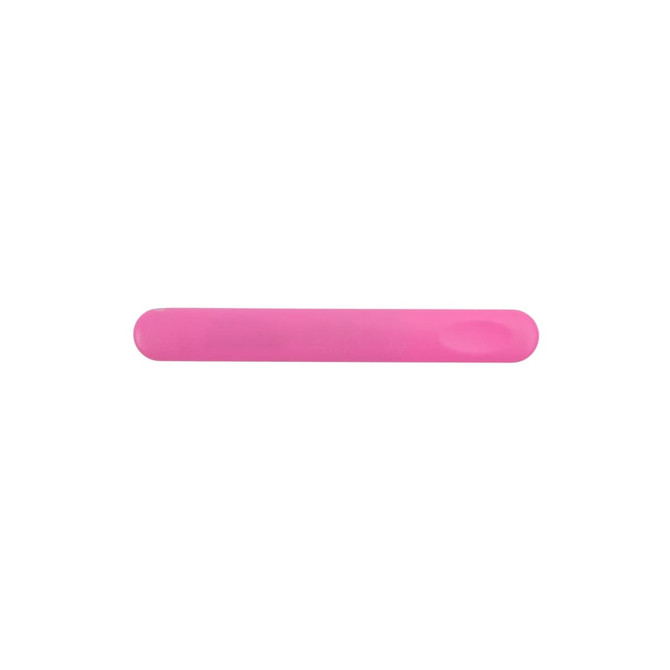 A pink nail file with a smooth, rounded edge and a subtle sheen, featuring a branding logo.