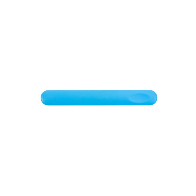A blue nail file with a smooth surface and rounded edges, featuring a logo.