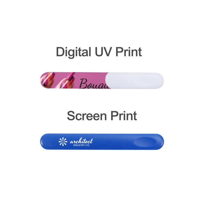 Two nail files displayed: one with a pink design and the other in blue, featuring different printing styles and a logo.