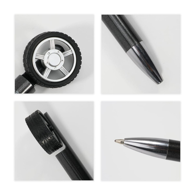 A Fidget Spin Tire Shape Pen featuring a black tyre design and a shiny silver pen tip. Includes a logo on the pen.