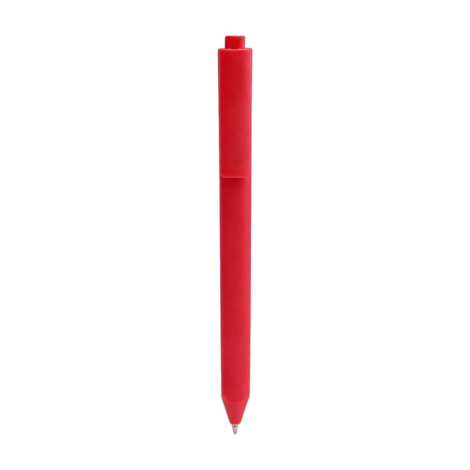 A triangular grip pen in bright red with a clip for easy attachment. Features a smooth writing tip.