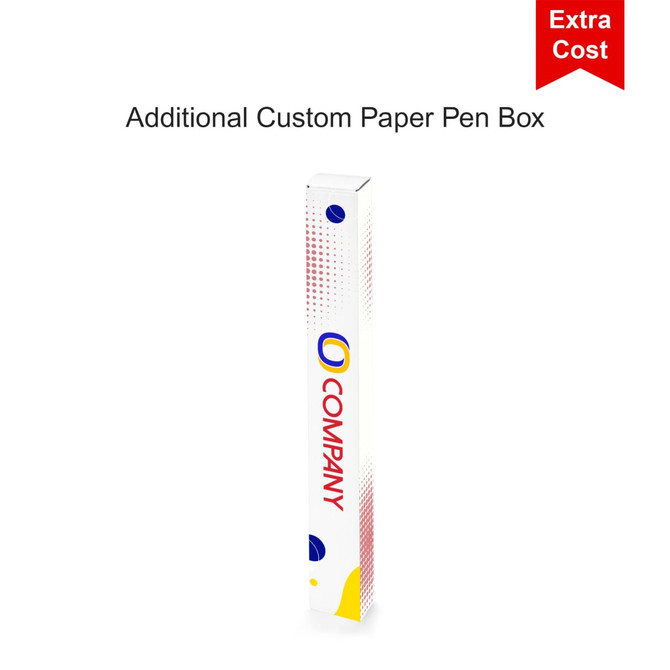 A tall, slim paper pen box with a logo, featuring a white and yellow design. It has a red banner indicating extra cost.