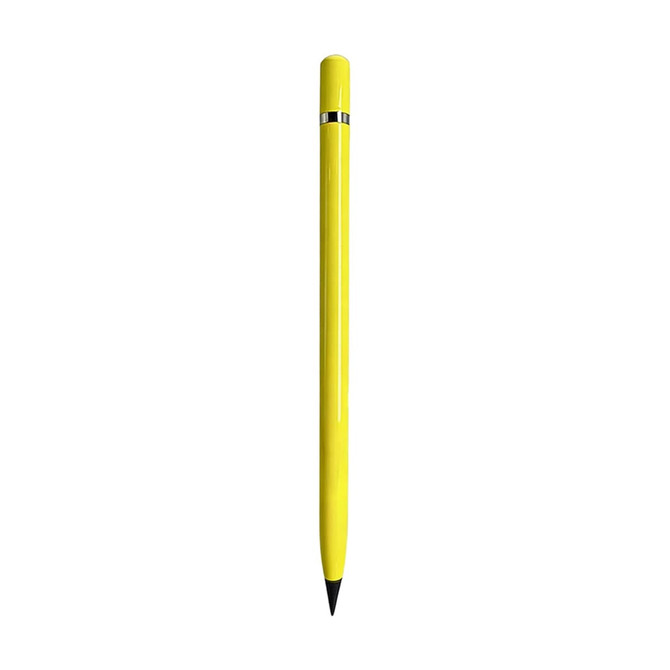 A yellow pencil with a sleek design and a silver band near the top, featuring a branding logo.