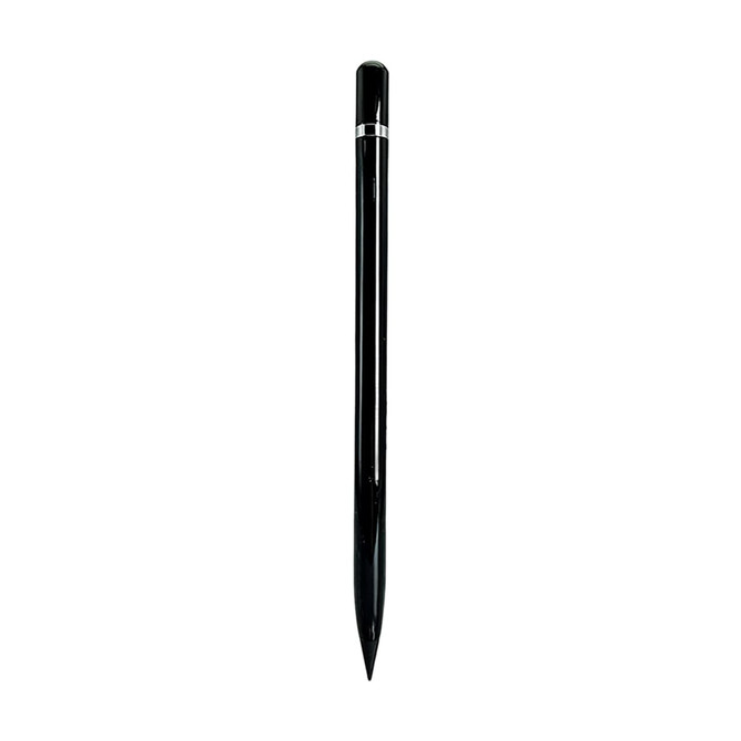 A black pencil with a sleek design featuring a silver accent and pointed tip, accompanied by a logo.