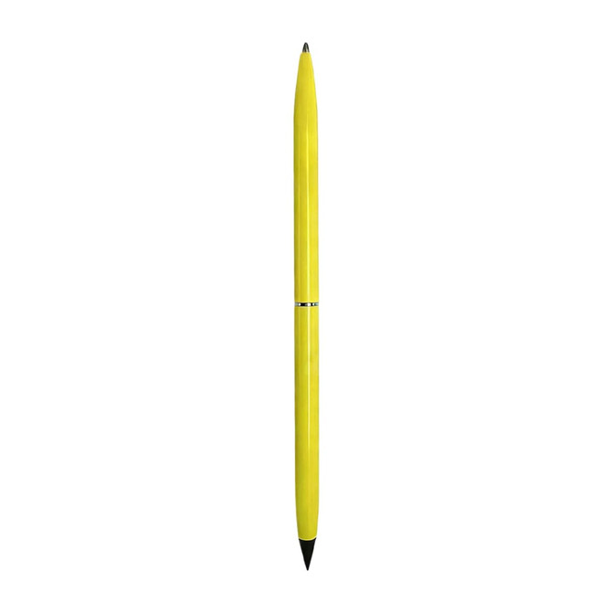A double-ended pencil and ballpoint pen in bright yellow with a silver band, featuring a logo.