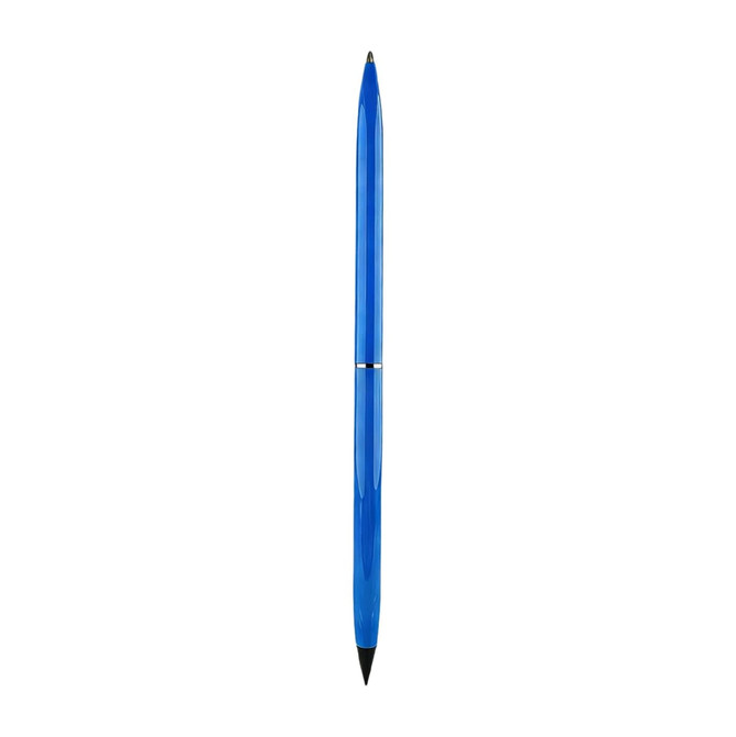 A double-ended pencil and ballpoint pen in vibrant blue, featuring a sleek design and a branding logo.