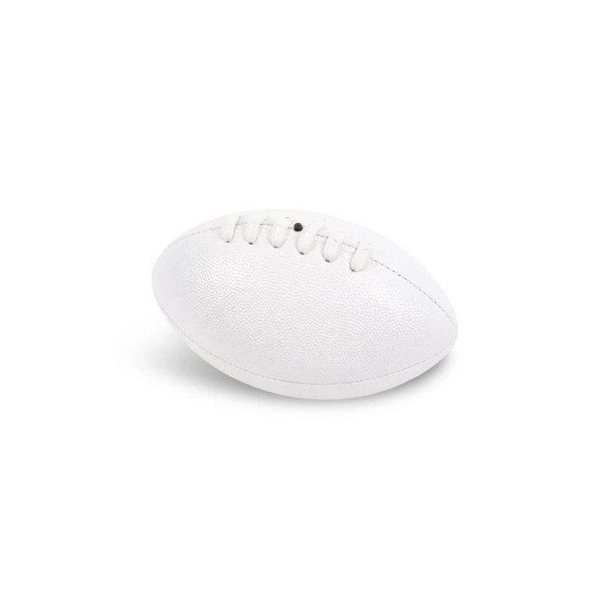 A Mini Aussie Rules Ball in white, featuring textured surface and stitching details, with a small branding logo.
