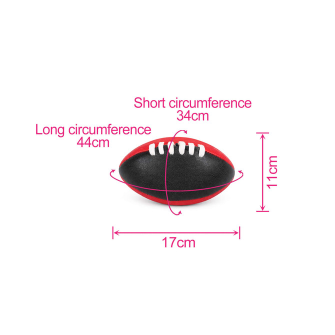 A Mini Aussie Rules Ball in black and red, measuring 17cm in length and 11cm in height with visible dimensions.