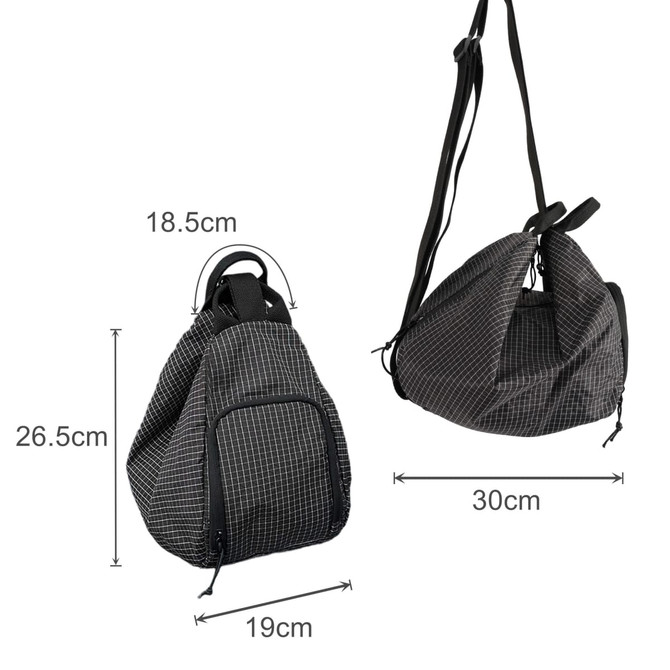 A black and grey checked convertible backpack duffel bag with adjustable straps and multiple compartments.
