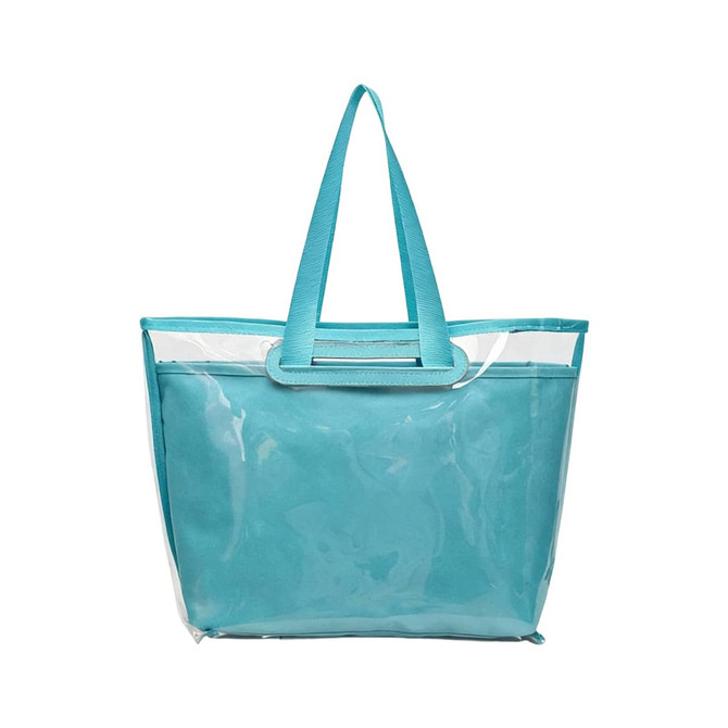 A turquoise tote bag with a detachable PVC cover and sturdy handles. It features a clear front panel and spacious interior.