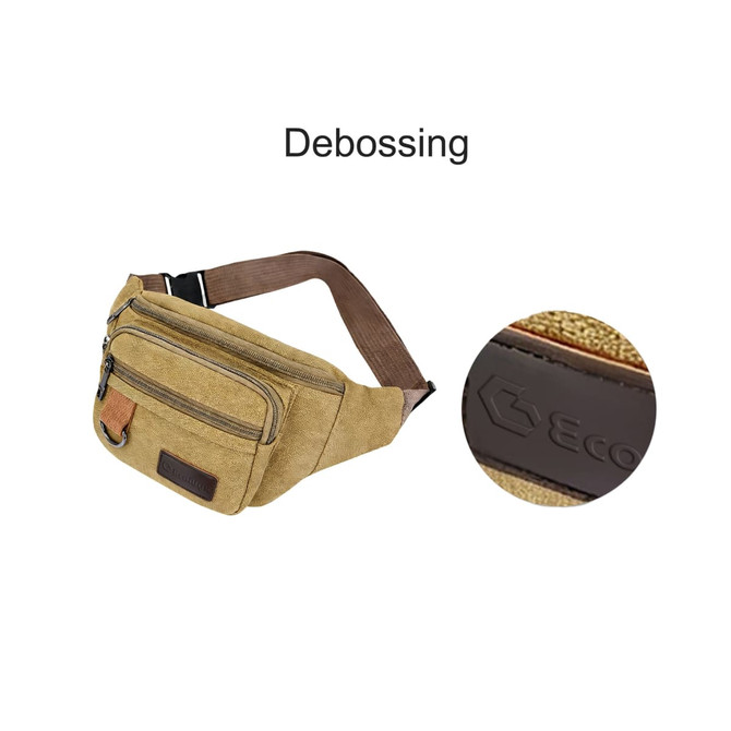 A canvas waist bag in a tan colour with a front zip pocket and a branded logo.