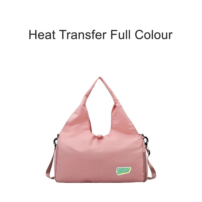 A pink duffle bag featuring a strap and a logo, designed with a sleek, modern look.