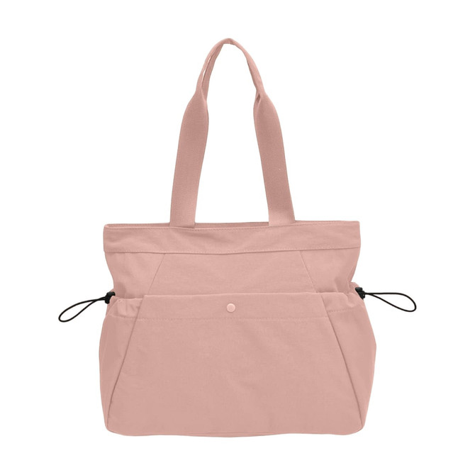 A lightweight tote bag in soft pink, featuring yoga mat straps and two side pockets, with a branding logo.
