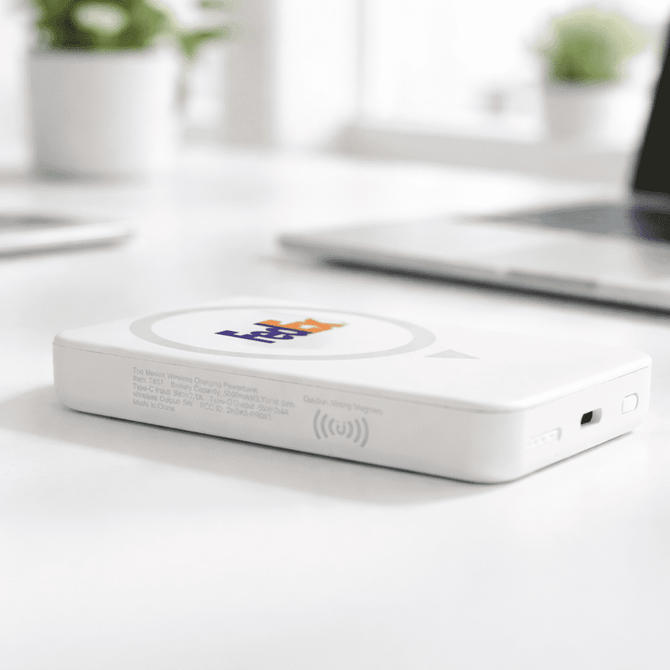 A white wireless charging power bank with a logo, resting on a desk near plants and a laptop.