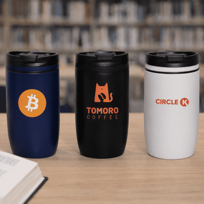 A drink bottle set featuring a navy blue, black, and white vacuum cup, each with a logo.