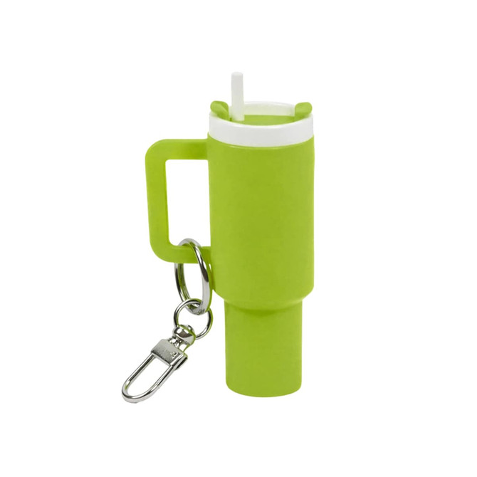 A drink bottle keyring in bright green, featuring a handle, straw, and attached clip for easy portability.
