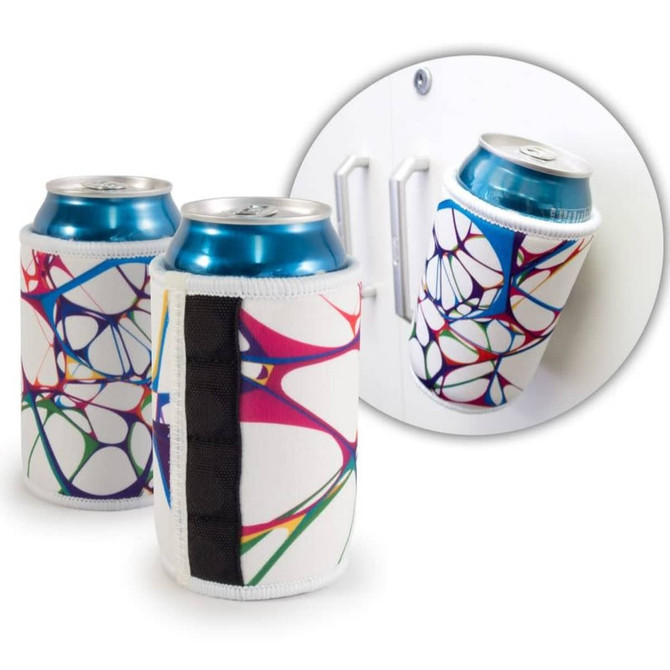 A drink bottle holder with a colourful abstract design, featuring two holders and a magnet for attachment.