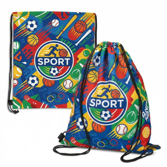 A large drawstring bag featuring a vibrant design with various sports icons in blue, red, yellow, and green.