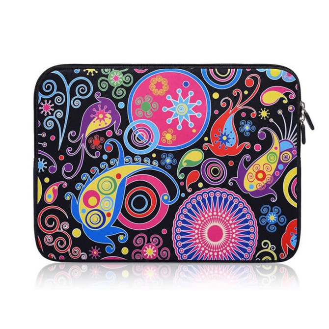 A neoprene laptop and tablet sleeve featuring a vibrant, multicoloured abstract pattern on a black background.
