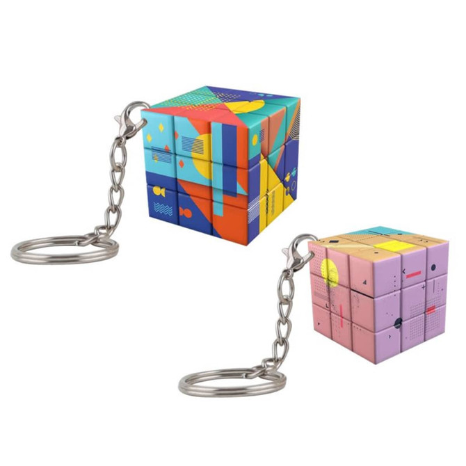 Colourful twist cube keyrings in vibrant patterns with metal chains, featuring two different designs.