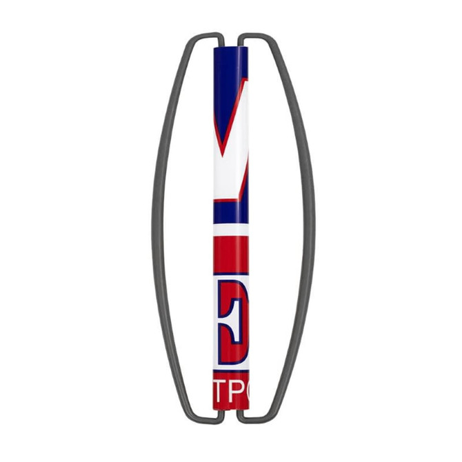 A fan banner in red, white, and blue featuring an abstract design, held by a grey frame.