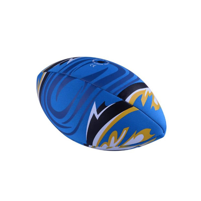 A soft rugby ball in blue, featuring vibrant yellow and black designs, with a logo present.