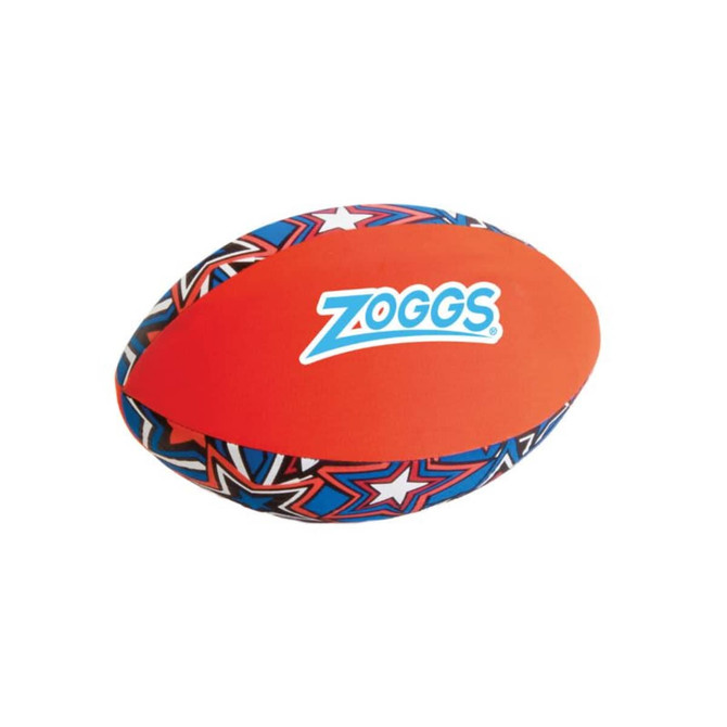 A soft rugby ball featuring a vibrant blue and red design with a logo on it.